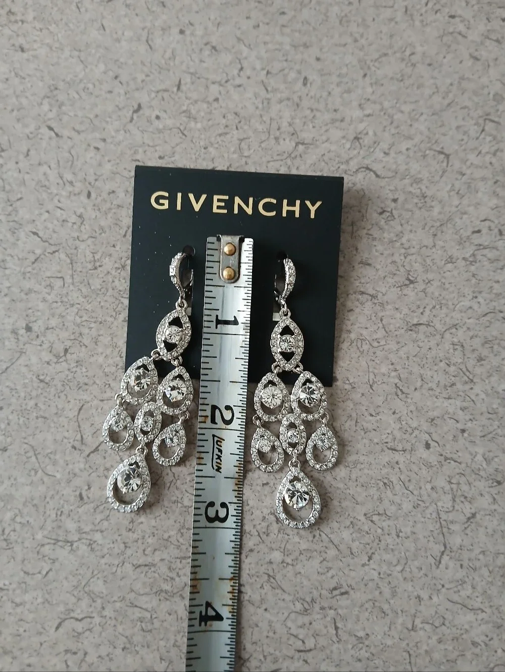 Givenchy Silver Crystal Teardrop Chandelier Earrings — Sparkling Clear Stones
